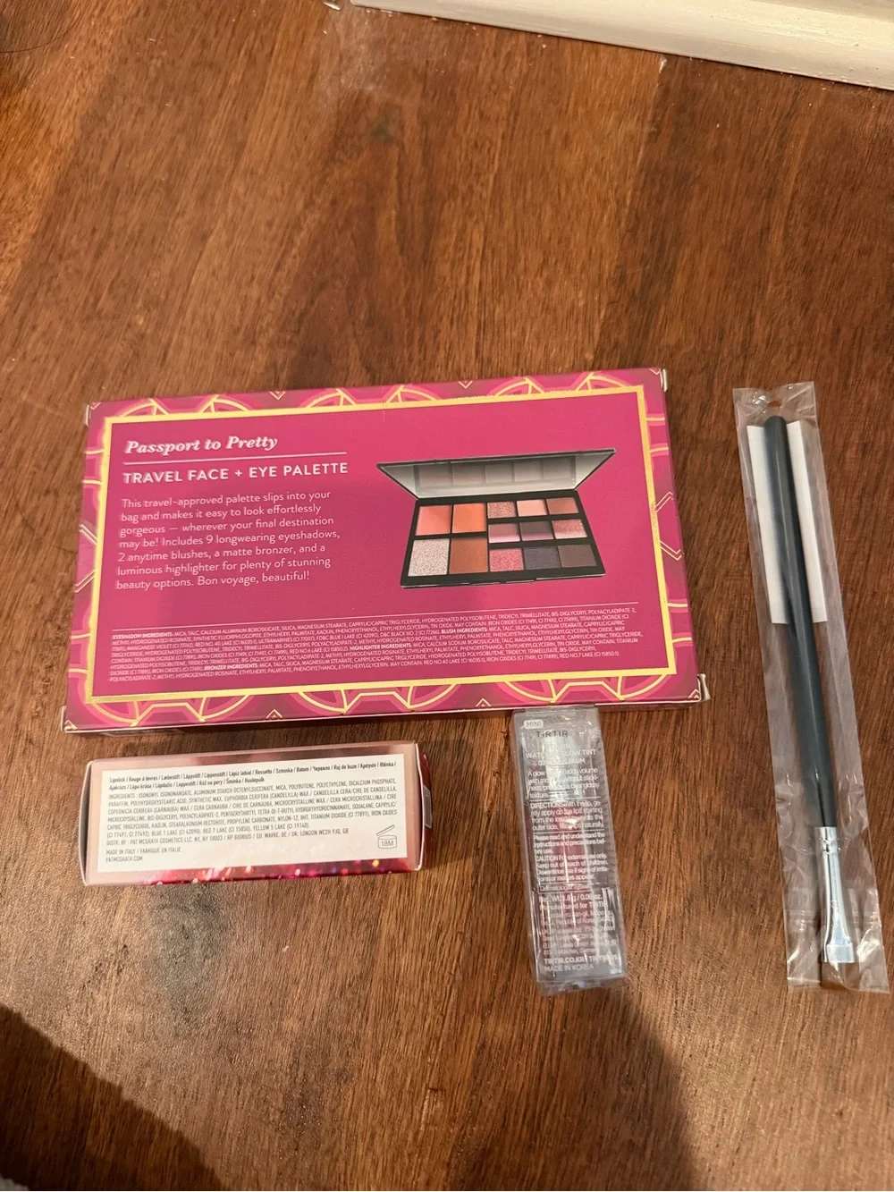 Laura Geller Palette, Pat McGrath lipstick, tir tir lip, eye brush